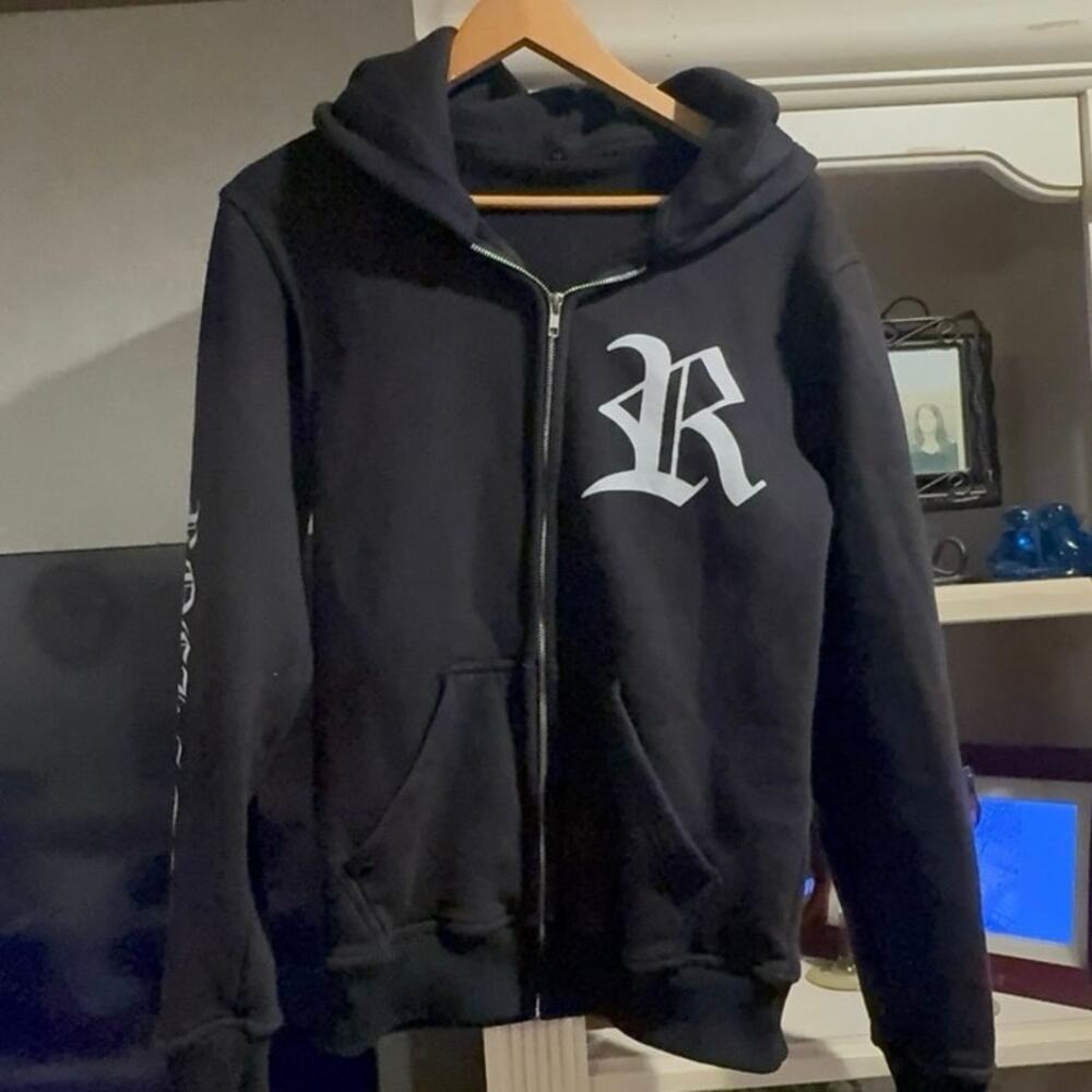 ROCKSTARR Black Full Zip Hoodie Gothic R Sleeve Logo Streetwear Men’s M